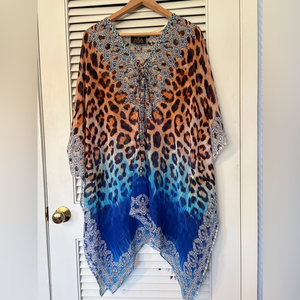 Boho Leopard Ombre V-Neck Swim Cover-Up in Orange and Blue